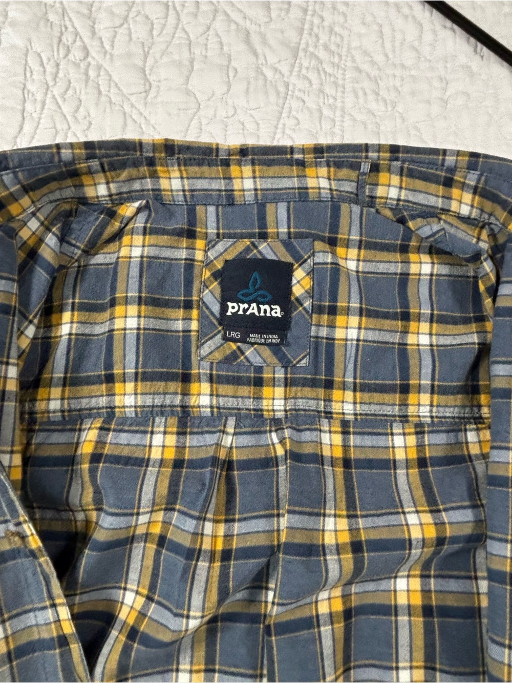 Prana Men's Blue and Yellow Plaid Button-Down Shirt